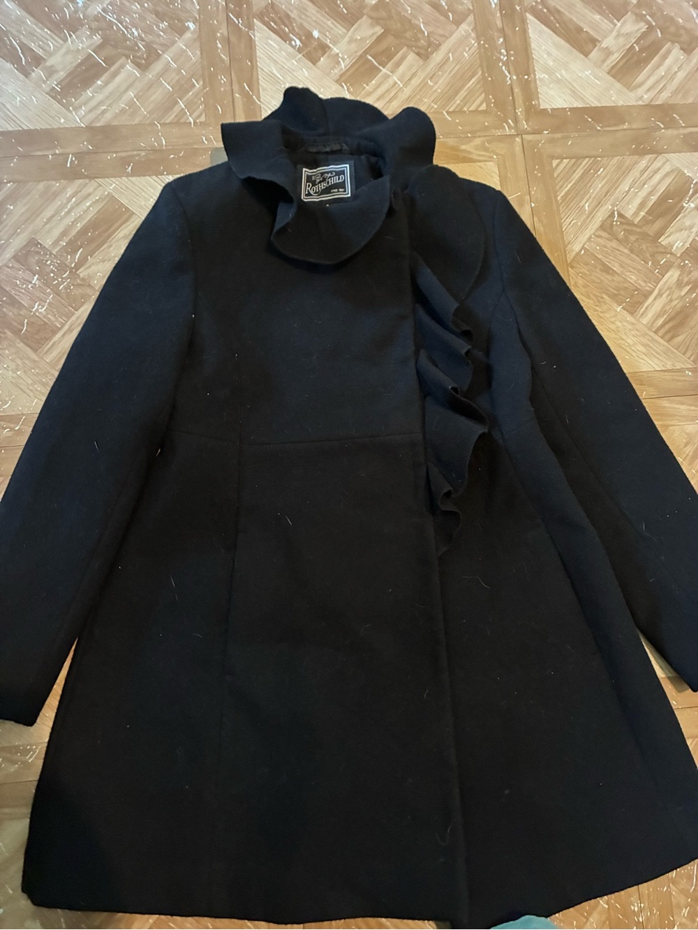 RACHEL Rachel Roy Black Ruffle-Trim Pea Coat